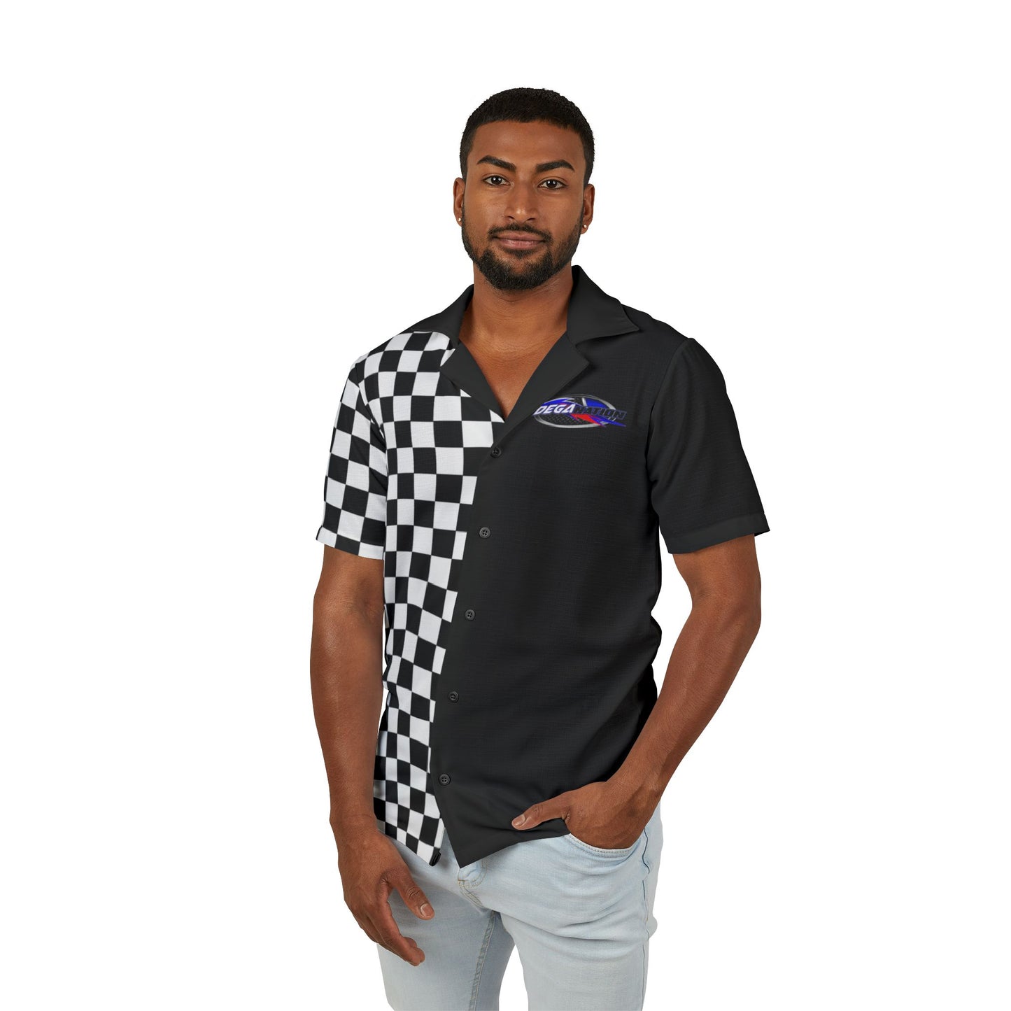 Retro Checkered Hawaiian Camp Shirt for Men, Casual Beachwear, Summer Vacation Tee, Gift for Racing Fans, Stylish Party Top