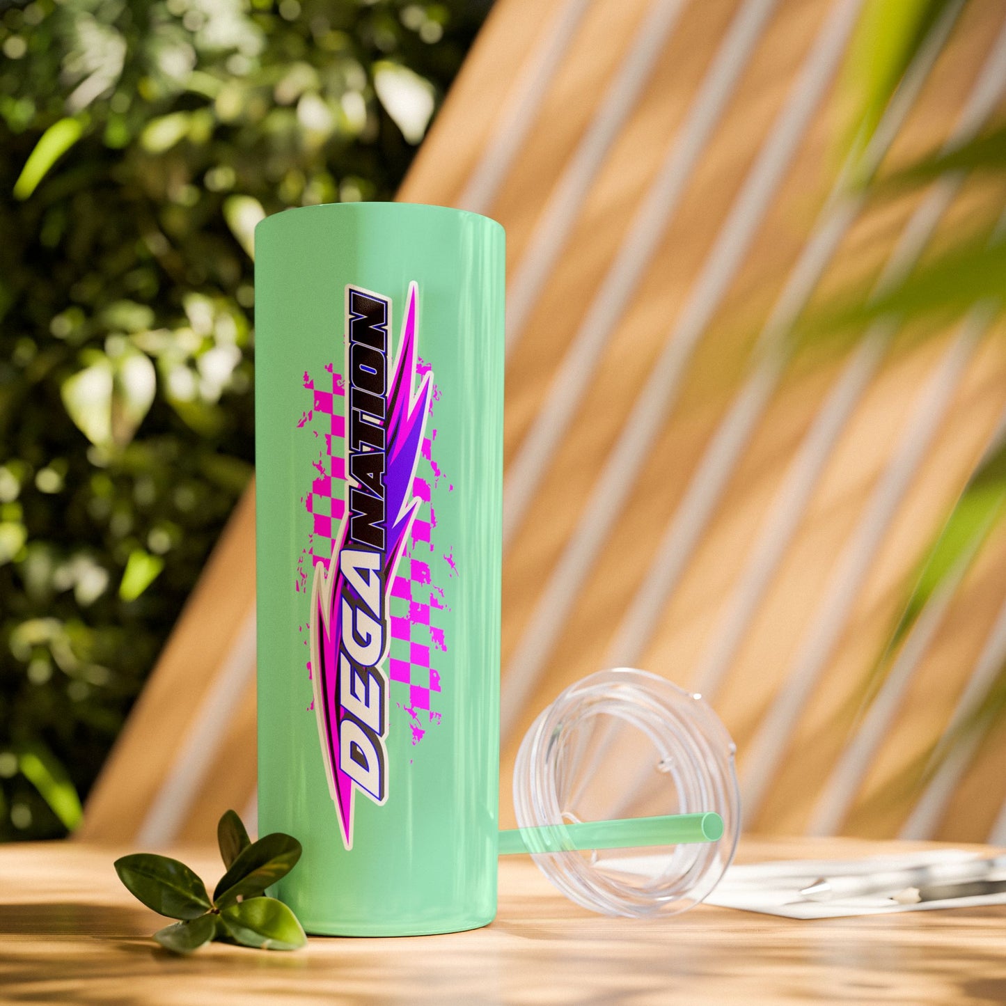 Skinny Tumbler — Pink Racing Stripe ‘DEGA’ 20oz Insulated Cup with Straw