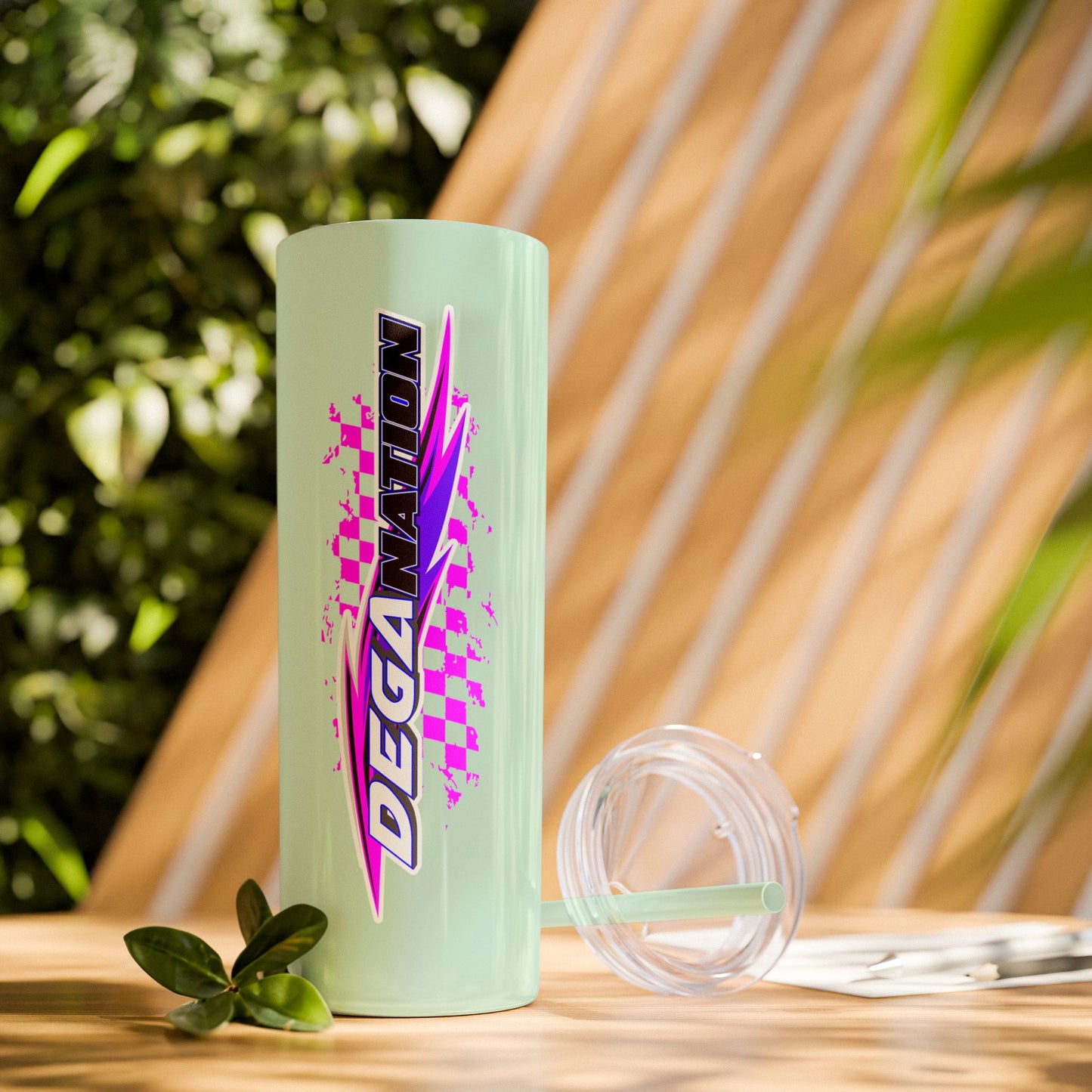 Skinny Tumbler — Pink Racing Stripe ‘DEGA’ 20oz Insulated Cup with Straw