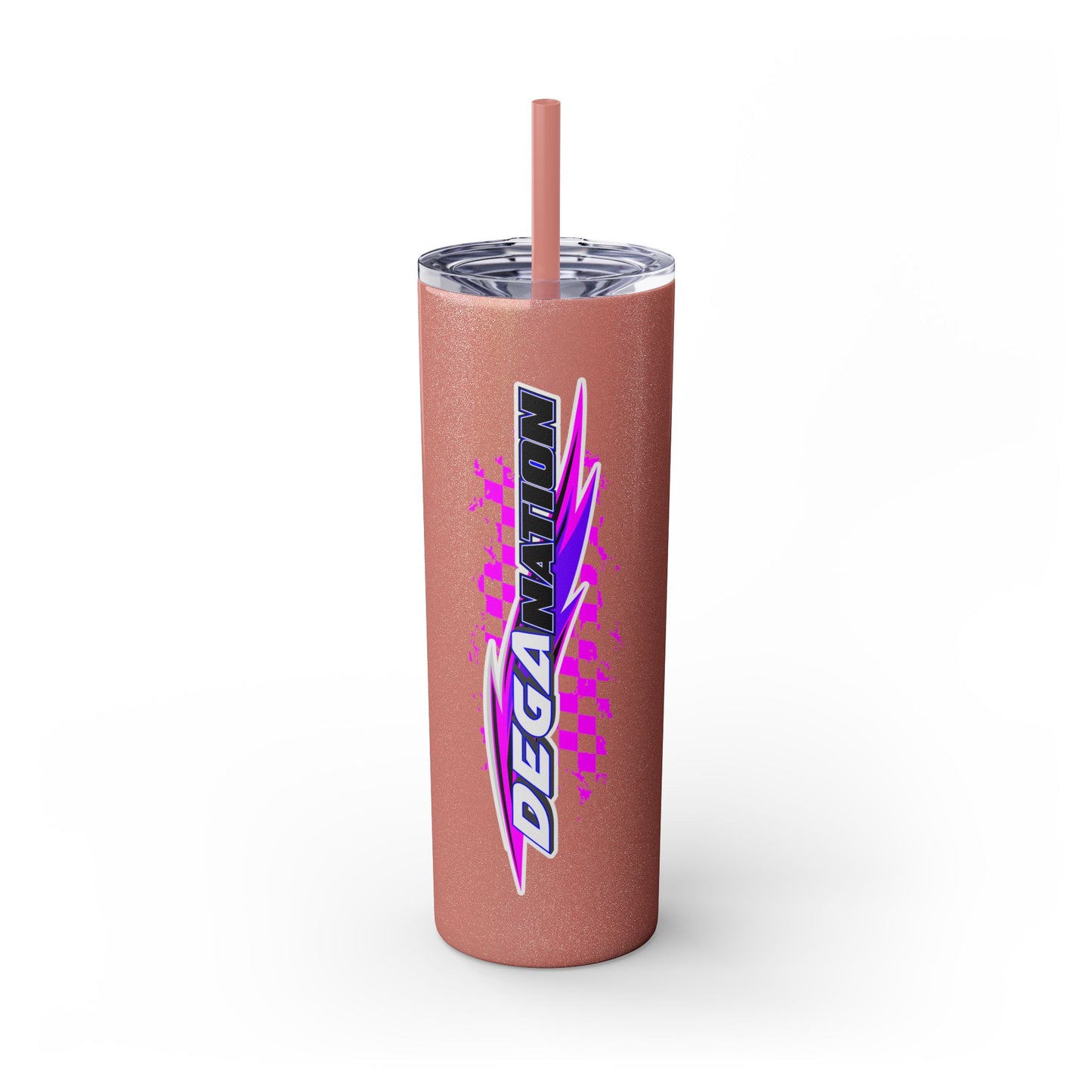 Skinny Tumbler — Pink Racing Stripe ‘DEGA’ 20oz Insulated Cup with Straw