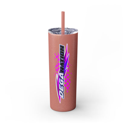 Skinny Tumbler — Pink Racing Stripe ‘DEGA’ 20oz Insulated Cup with Straw