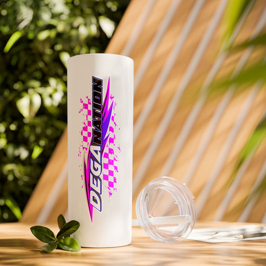 Skinny Tumbler — Pink Racing Stripe ‘DEGA’ 20oz Insulated Cup with Straw