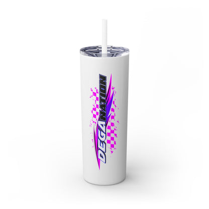 Skinny Tumbler — Pink Racing Stripe ‘DEGA’ 20oz Insulated Cup with Straw