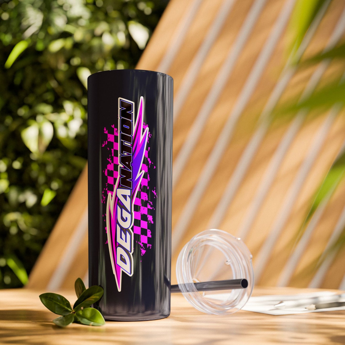 Skinny Tumbler — Pink Racing Stripe ‘DEGA’ 20oz Insulated Cup with Straw