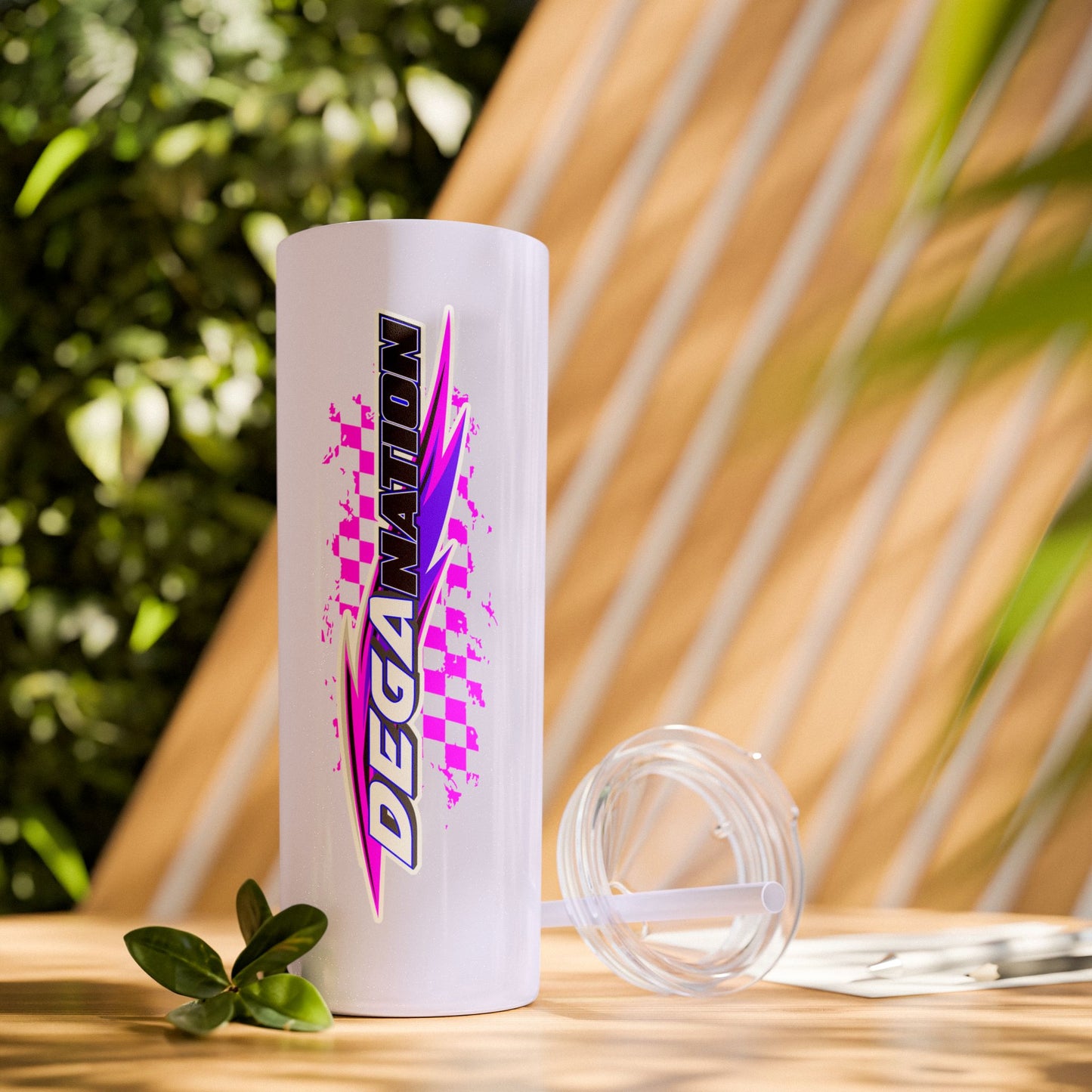 Skinny Tumbler — Pink Racing Stripe ‘DEGA’ 20oz Insulated Cup with Straw