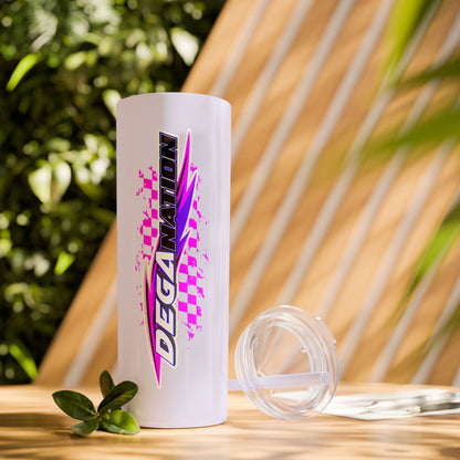 Skinny Tumbler — Pink Racing Stripe ‘DEGA’ 20oz Insulated Cup with Straw