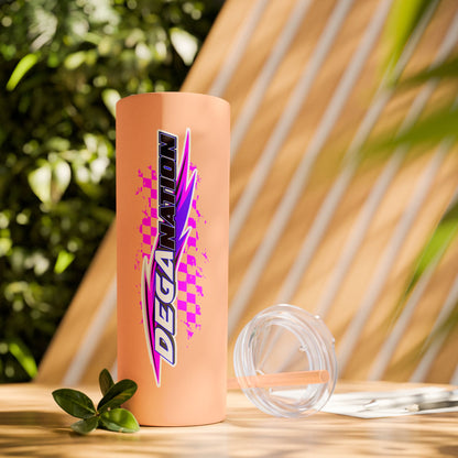 Skinny Tumbler — Pink Racing Stripe ‘DEGA’ 20oz Insulated Cup with Straw