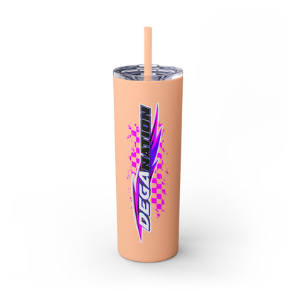 Skinny Tumbler — Pink Racing Stripe ‘DEGA’ 20oz Insulated Cup with Straw