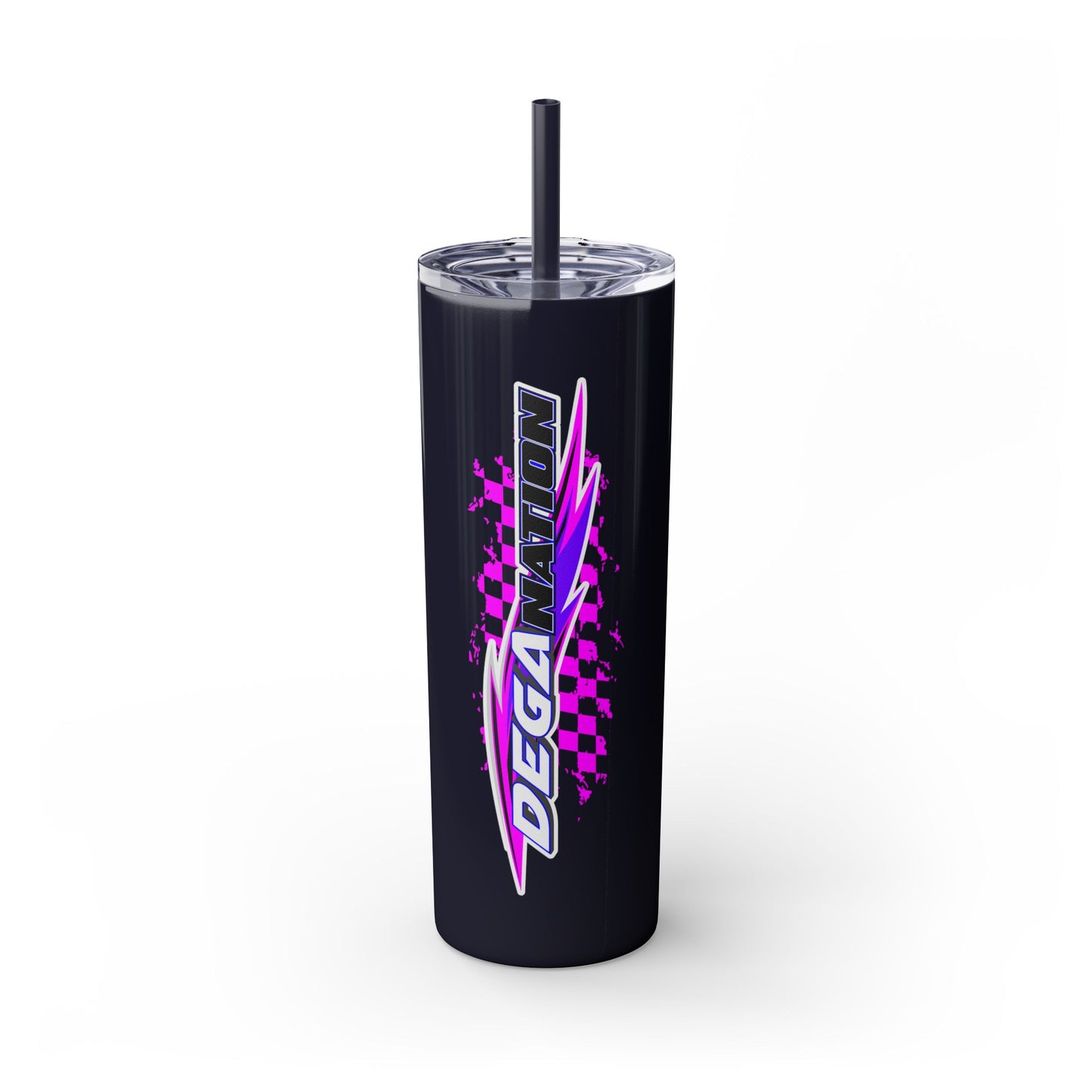 Skinny Tumbler — Pink Racing Stripe ‘DEGA’ 20oz Insulated Cup with Straw