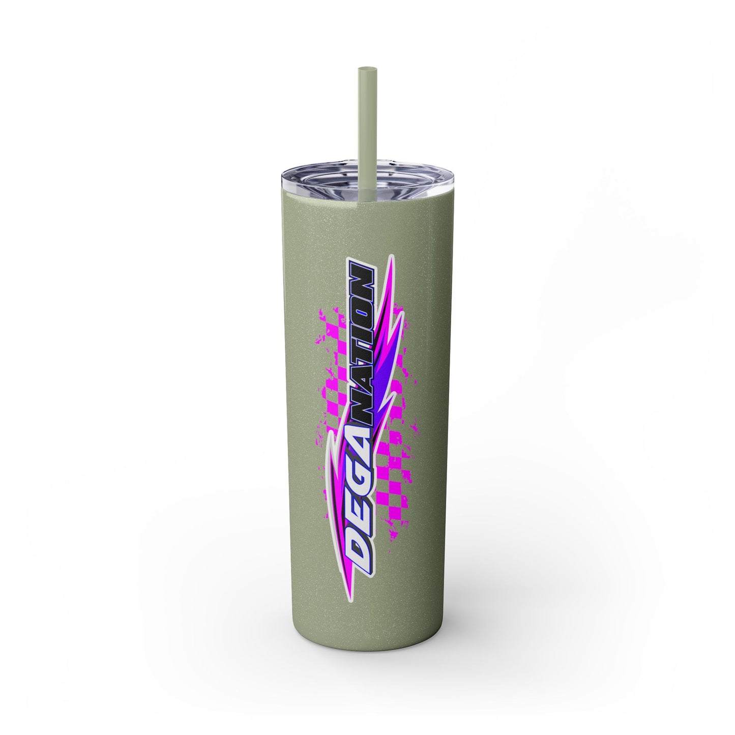 Skinny Tumbler — Pink Racing Stripe ‘DEGA’ 20oz Insulated Cup with Straw