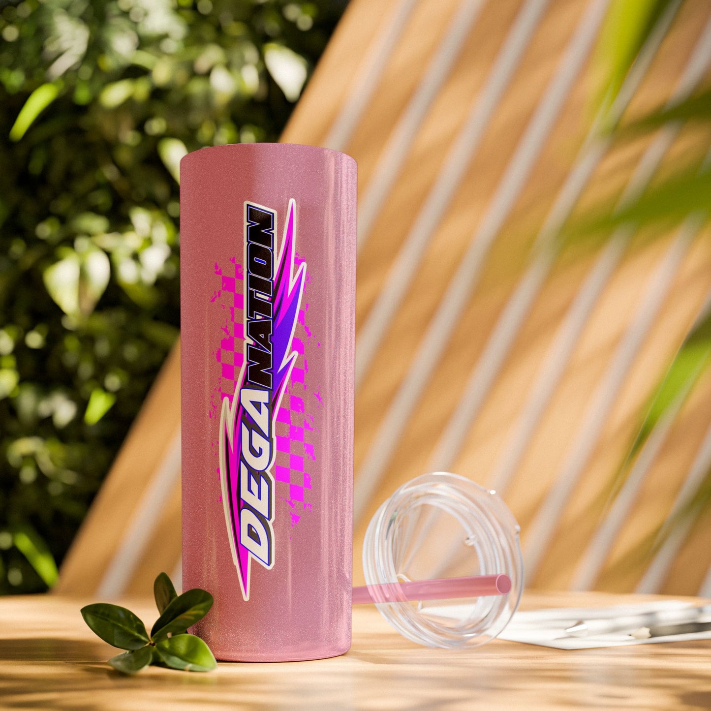 Skinny Tumbler — Pink Racing Stripe ‘DEGA’ 20oz Insulated Cup with Straw