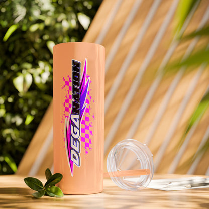 Skinny Tumbler — Pink Racing Stripe ‘DEGA’ 20oz Insulated Cup with Straw