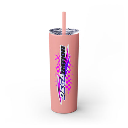 Skinny Tumbler — Pink Racing Stripe ‘DEGA’ 20oz Insulated Cup with Straw