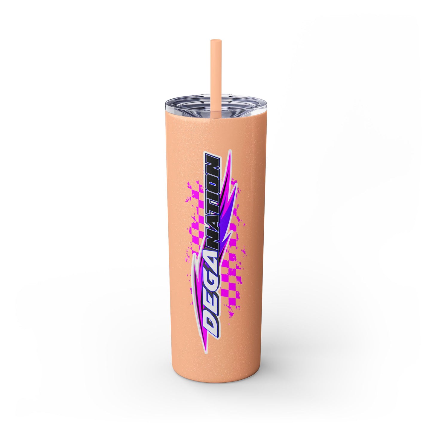Skinny Tumbler — Pink Racing Stripe ‘DEGA’ 20oz Insulated Cup with Straw