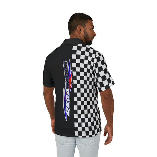 Retro Checkered Hawaiian Camp Shirt for Men, Casual Beachwear, Summer Vacation Tee, Gift for Racing Fans, Stylish Party Top