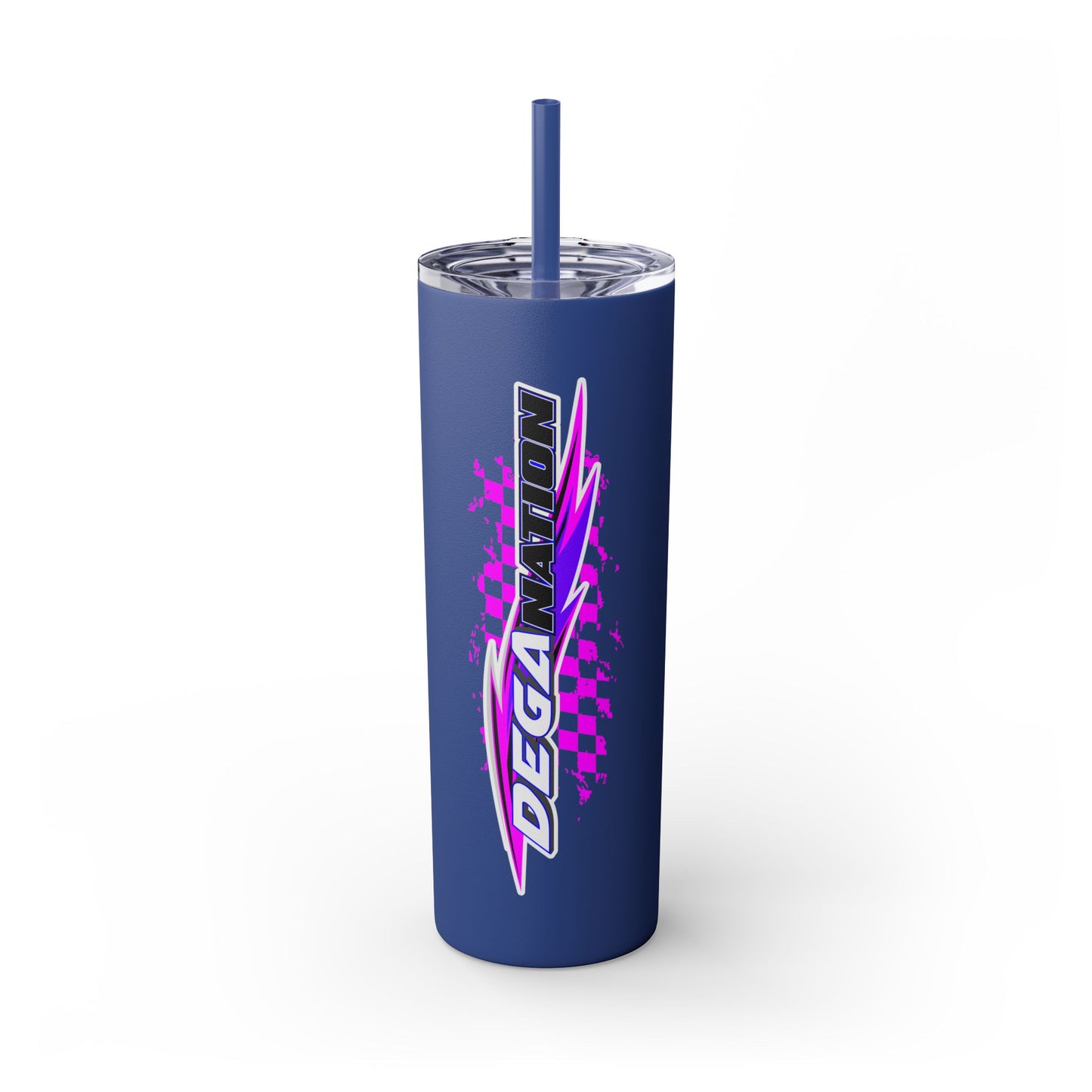 Skinny Tumbler — Pink Racing Stripe ‘DEGA’ 20oz Insulated Cup with Straw