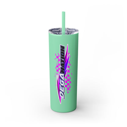 Skinny Tumbler — Pink Racing Stripe ‘DEGA’ 20oz Insulated Cup with Straw