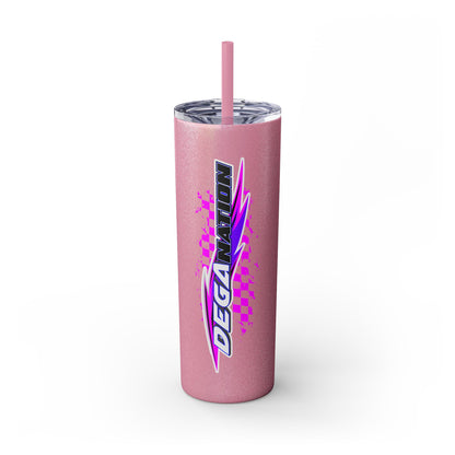 Skinny Tumbler — Pink Racing Stripe ‘DEGA’ 20oz Insulated Cup with Straw