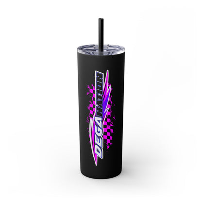 Skinny Tumbler — Pink Racing Stripe ‘DEGA’ 20oz Insulated Cup with Straw