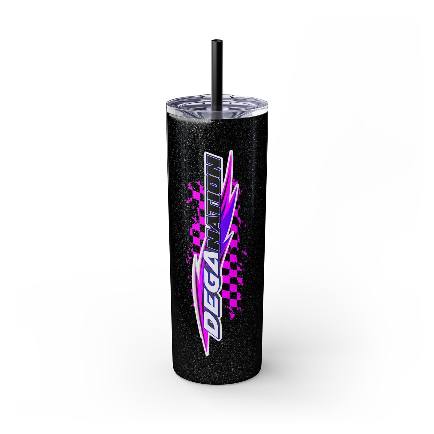 Skinny Tumbler — Pink Racing Stripe ‘DEGA’ 20oz Insulated Cup with Straw