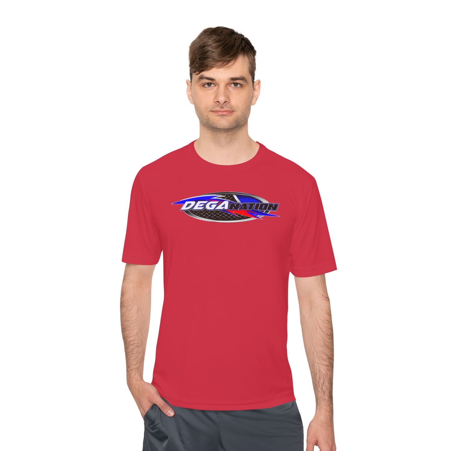 Sporty Unisex Moisture Wicking Tee with DEGA Design, Activewear, Workout T-Shirt, Gift for Athletes, Casual Summer Top